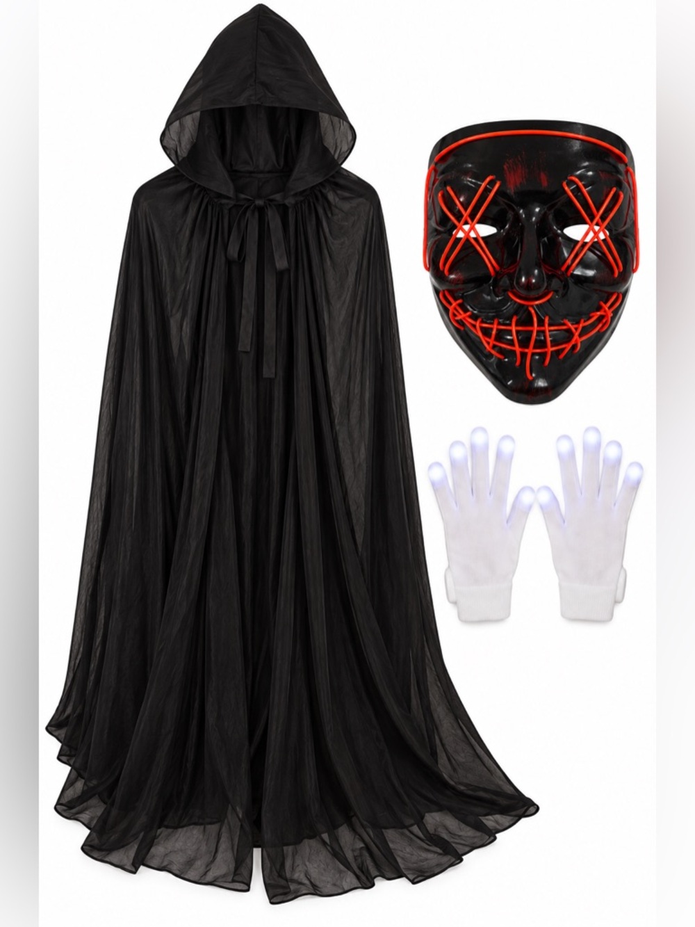 Adult Purge Style Halloween Costume with Black Hooded Cape, Mask and Gloves